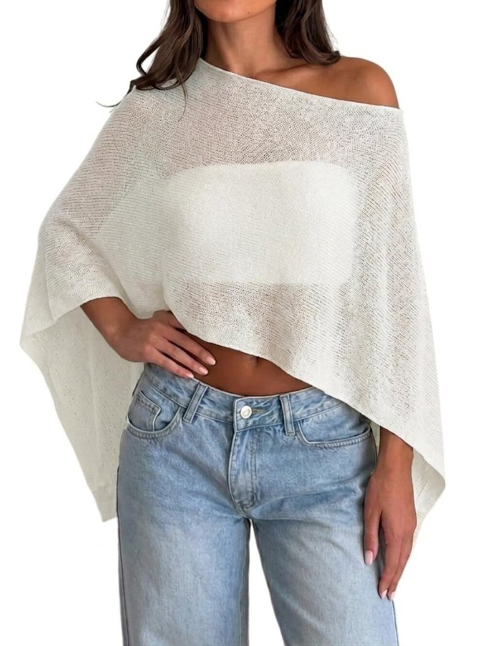 Womens Sheer Poncho Top Y2k Knitted Summer Asymmetrical Mesh Shawl Pullover